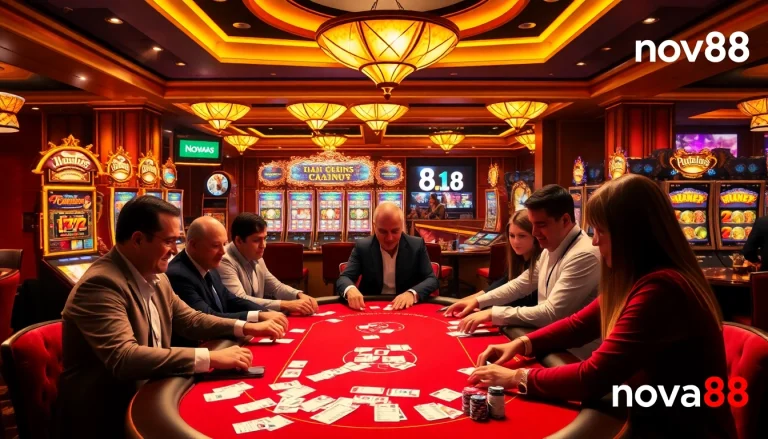 Players enjoying a high-stakes poker game at nova88 casino, showcasing excitement and luxury.
