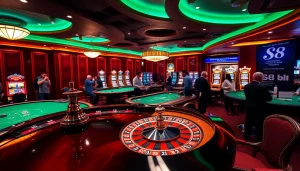S8 Casino: Players enjoying poker and roulette in a vibrant, luxurious gambling environment.