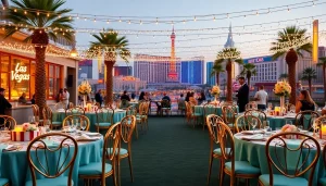 Las Vegas Chair Rentals with elegant decorations in a vibrant outdoor event space.