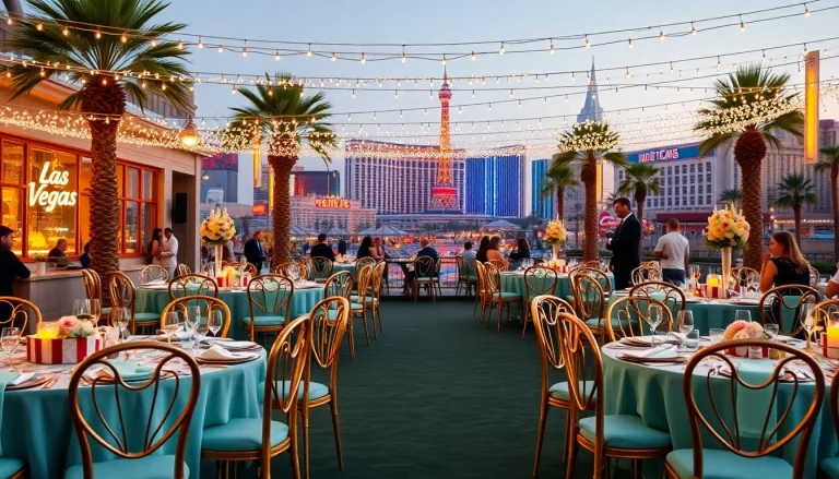 Las Vegas Chair Rentals with elegant decorations in a vibrant outdoor event space.