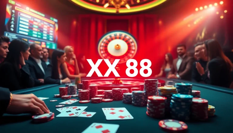Experience the thrill of XX 88 with vibrant casino games, chips, and roulette in a luxurious setting.