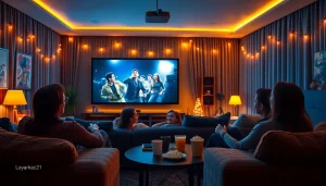 Family enjoying a movie night at home with layarkaca21 streaming on the screen, warm ambiance and snacks.