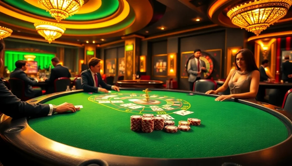 Exciting blackjack game at luck8 casino featuring vibrant players and luxurious decor.