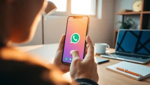 FM WhatsApp interface displayed on a modern smartphone in a stylish workspace.