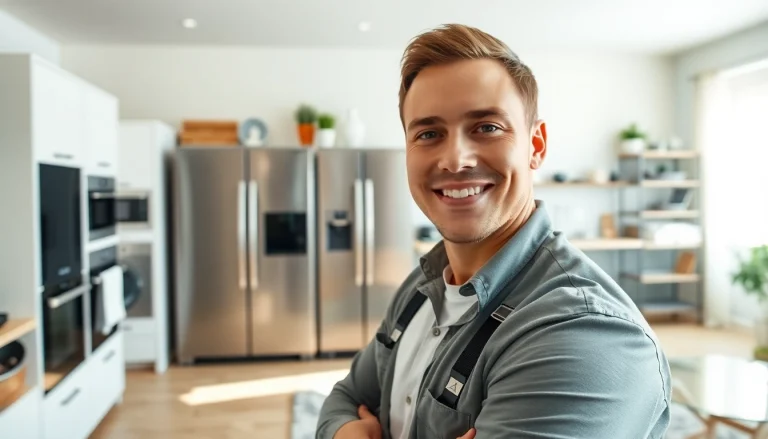 Addressing home systems and appliance protection with a technician assisting in a well-furnished living room.