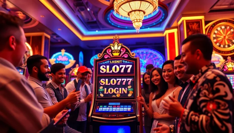 Gamblers celebrating wins with the SLOT777 login at vibrant slot machines in a luxurious casino.