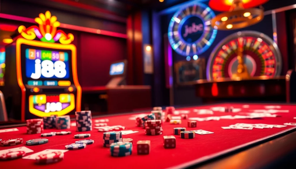 Engaging scene at a casino showcasing j88 poker chips and a vibrant roulette wheel in action.