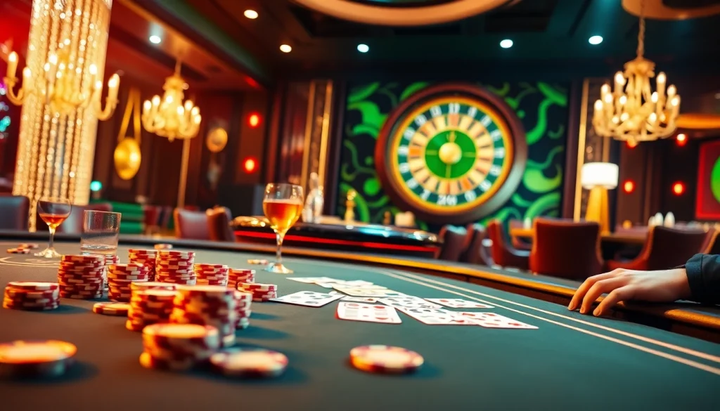 Players enjoy thrilling games at bong88.casa with vibrant poker tables and a luxurious casino ambiance.