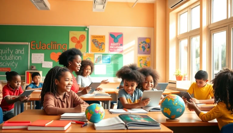 Dynamic classroom scene emphasizing education equity and innovative learning.