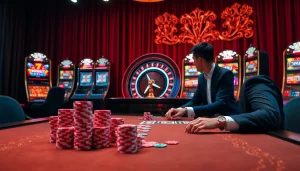 IWIN68 players enjoying a thrilling card game at a luxurious casino table with vibrant gaming elements.