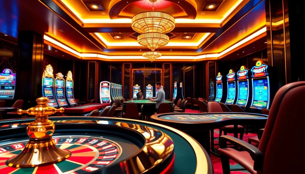 Lively gaming scene at trang chủ lode88, showcasing a roulette table and vibrant slot machines.