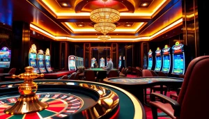 Lively gaming scene at trang chủ lode88, showcasing a roulette table and vibrant slot machines.