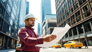 Manhattan General Contractor reviewing construction plans with urban skyline backdrop.