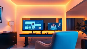 Engaging NSFW AI chat setup with high-tech screens and inviting ambiance.