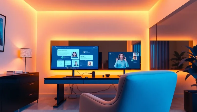 Engaging NSFW AI chat setup with high-tech screens and inviting ambiance.