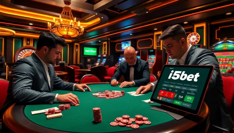 i5bet poker game highlighting intense strategy and vibrant atmosphere in a luxury casino.