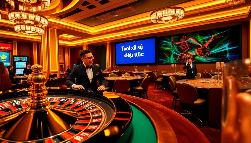 Exciting scene featuring Tool xổ số siêu tốc in a luxurious casino atmosphere with poker chips and roulette.