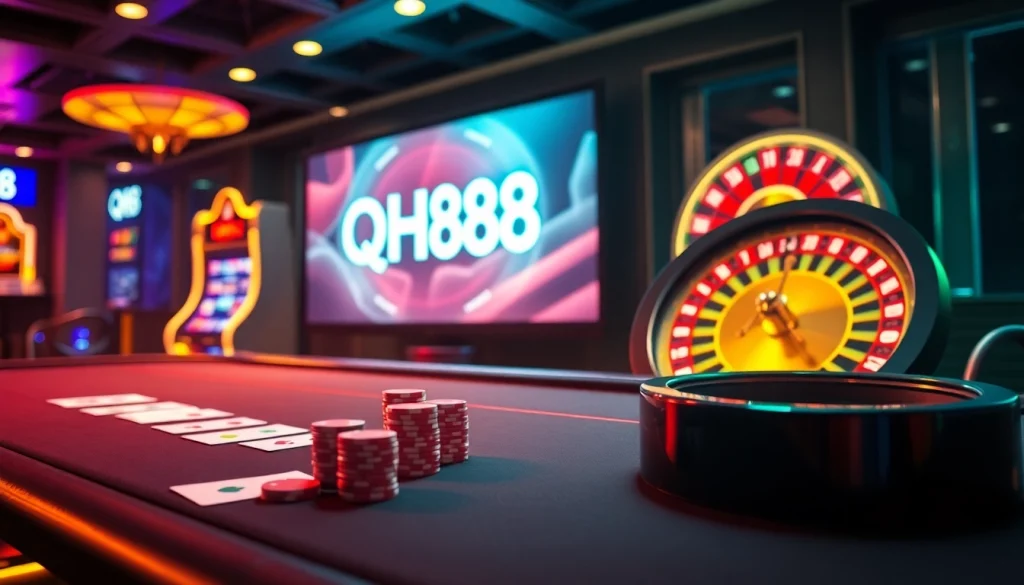 Experience the excitement of QH88 with a dynamic casino scene featuring poker and slot machines.