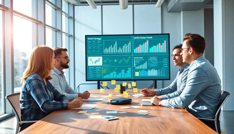 Analyze growth strategy trends through collaborative office discussions featuring diverse professionals.