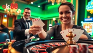 Experience high-stakes gambling at ok88 with vibrant casino scenes featuring roulette and cards.