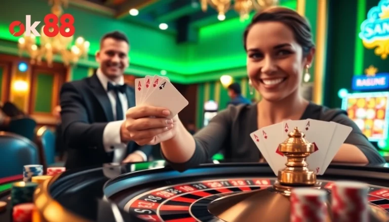 Experience high-stakes gambling at ok88 with vibrant casino scenes featuring roulette and cards.