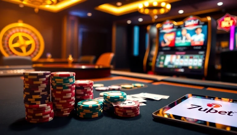 Play exciting casino games at 7upbet with vibrant poker chips and a roulette wheel.