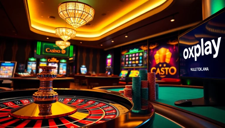 Experience thrilling gameplay at Oxplay with immersive casino visuals featuring roulette and poker.