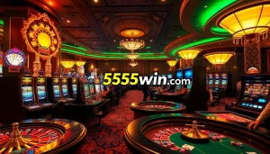 Experience exciting gaming at 555win com with vibrant slot machines and engaging players in a luxurious casino setting.