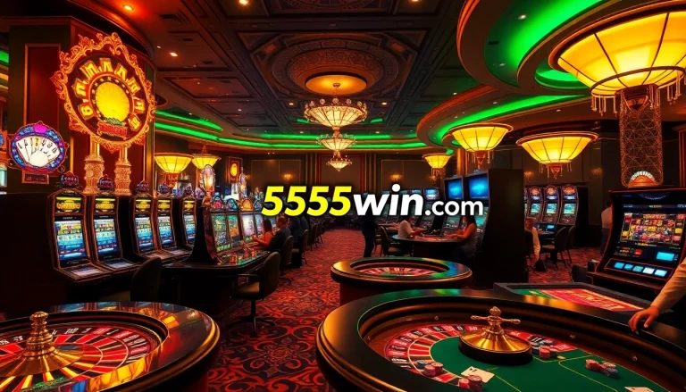 Experience exciting gaming at 555win com with vibrant slot machines and engaging players in a luxurious casino setting.