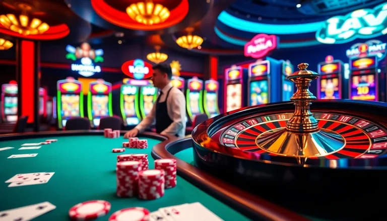 Players enjoying games at the lv88 casino, featuring poker and roulette tables in a vibrant setting.