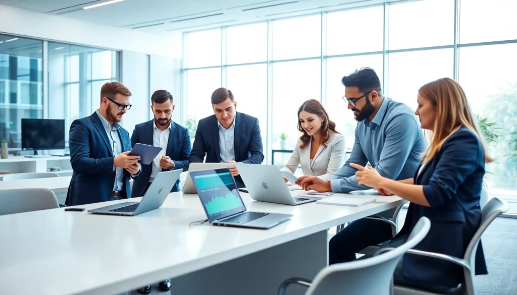 Engaging scene of business automation experts near me collaborating in a modern workspace.