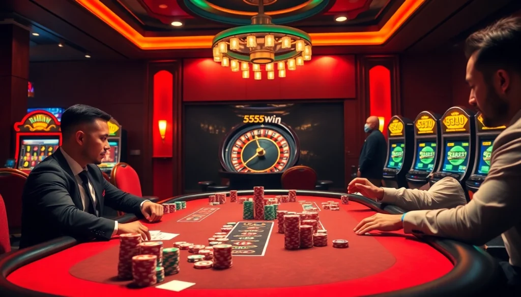 Game action at 555win casino with lively poker gameplay and vibrant roulette wheel.