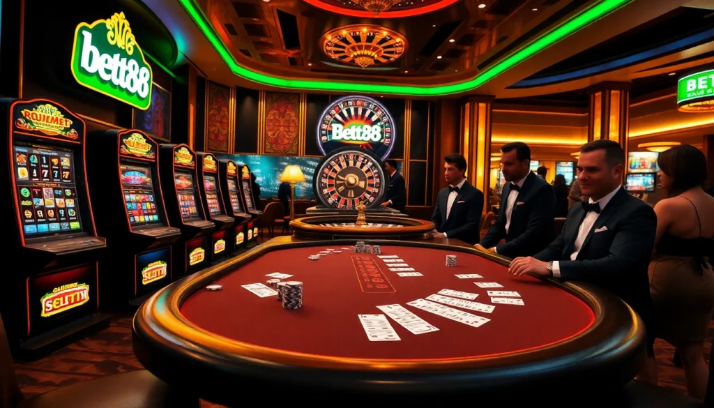 Experience the thrill of Bet88 at a luxury casino with spinning roulette and vibrant slot machines.