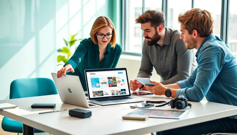 Engaged professionals discussing the Instapro app in a modern workspace.