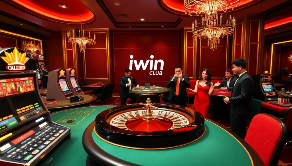 Experience the excitement at iwin club with this thrilling casino scene featuring elegant players and vibrant gaming elements.