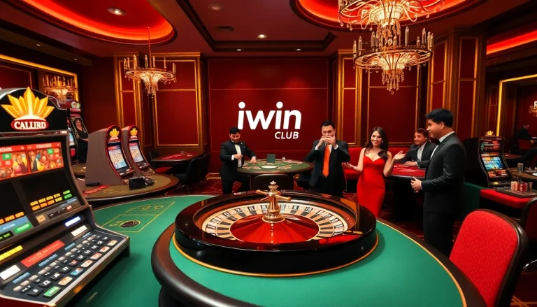 Experience the excitement at iwin club with this thrilling casino scene featuring elegant players and vibrant gaming elements.