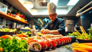 Slot depo 1000 chef preparing sushi with vibrant ingredients in a lively kitchen.
