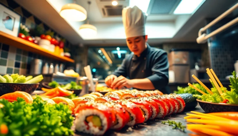 Slot depo 1000 chef preparing sushi with vibrant ingredients in a lively kitchen.