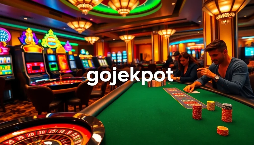 Players enjoying a thrilling gambling experience at a gojekpot casino with vibrant tables and ambiance.