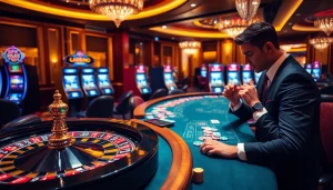 Experience the excitement of gambling at https://xx88.nl/ with a vibrant casino scene featuring players at roulette and poker tables.