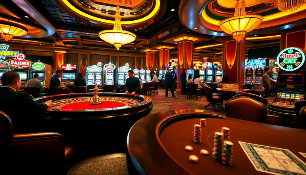 b52club players enjoying a vibrant casino atmosphere with roulette, poker, and slot machines.