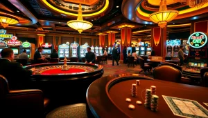 b52club players enjoying a vibrant casino atmosphere with roulette, poker, and slot machines.