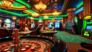Exciting casino gaming scene featuring luongsontv branding, roulette wheels, and players enjoying the thrill of betting.
