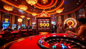 Engaging scene of players enjoying the nổ hũ 90 slot game in a luxurious casino.