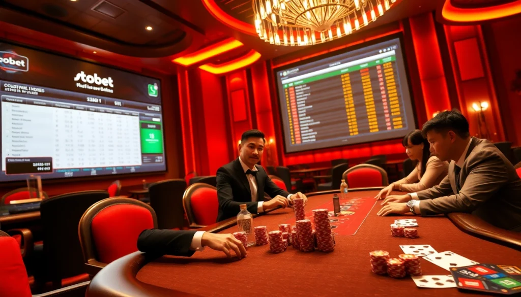 SboBet players are engaged in a high-stakes poker game with digital betting displays and luxurious casino décor.