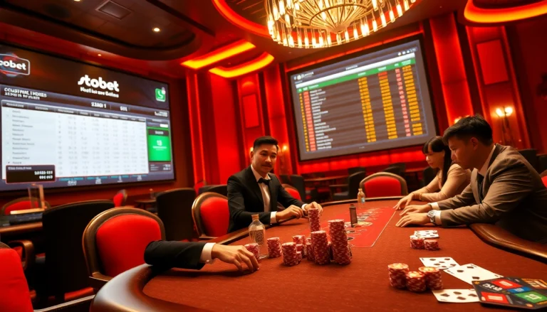 SboBet players are engaged in a high-stakes poker game with digital betting displays and luxurious casino décor.