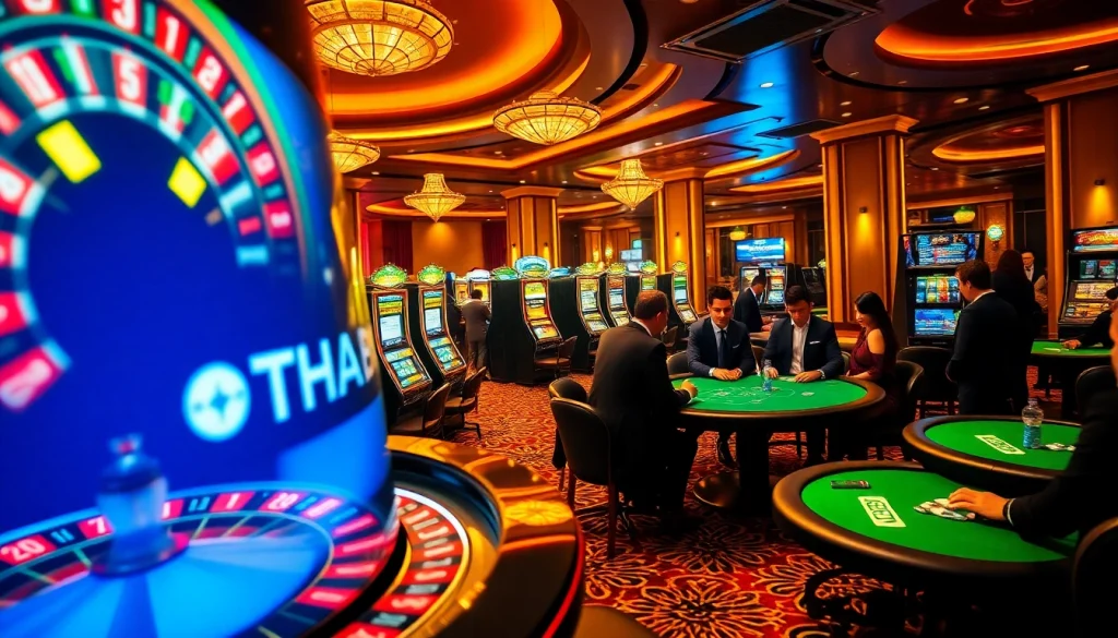 Experience exhilarating gambling at THABET Casino with poker tables and slot machines.