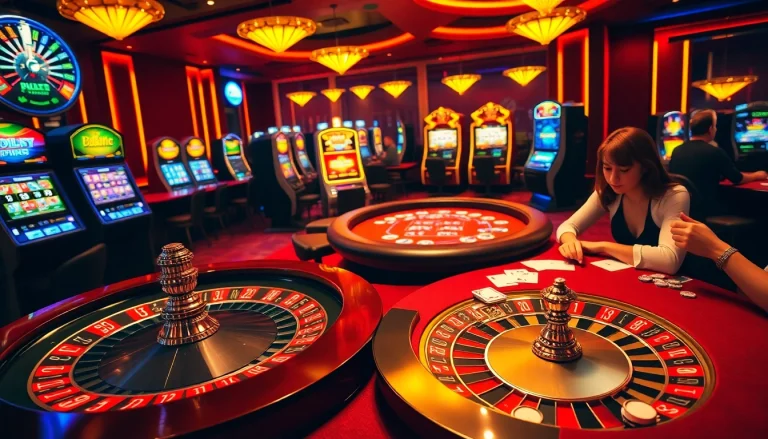 Exciting gambling scene showcasing แทงบอลโลก action at a vibrant casino with roulette and poker tables.