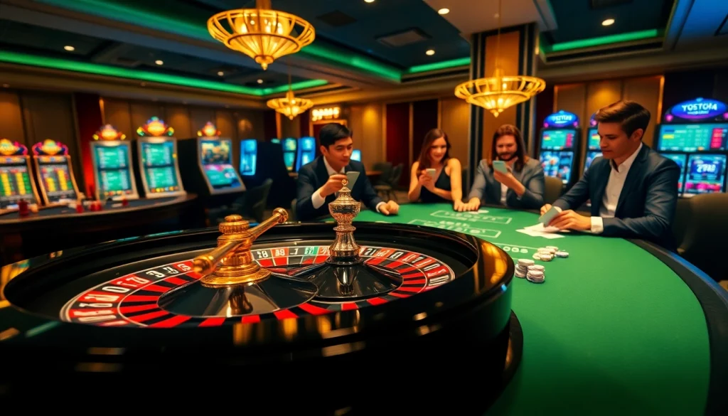 Tobet88 casino scene showcasing an engaging poker game and digital roulette wheel in a luxurious setting.