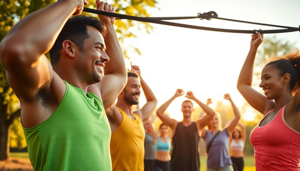 Individuals using pull-up assist band in a vibrant outdoor workout.